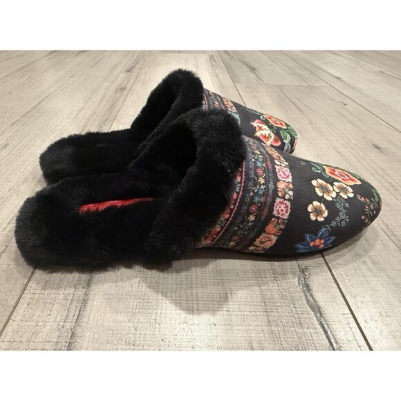 Johnny Was Ardell Slippers Floral Black Velvet Sz 8M - Picture 3 of 4